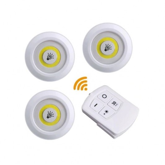 Set 3 spoturi LED cu telecomanda, prindere cu banda dublu adeziva, 2 trepte de iluminare