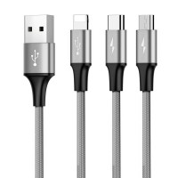 Cablu date si incarcare MRG M-532, 3 in 1, MicroUSB, Lightning, Type-C, Gri C532