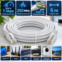 Cablu UTP Cat 6 MRG M1235, Cablu Retea Ethernet RJ45, Internet, 5 m, 1Gbps C1235