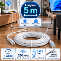 Cablu UTP Cat 6 MRG M1235, Cablu Retea Ethernet RJ45, Internet, 5 m, 1Gbps C1235