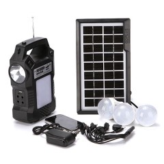 Kit solar GD8060 cu lanterna LED, 3 becuri, panou si USB pentru incarcare telefon