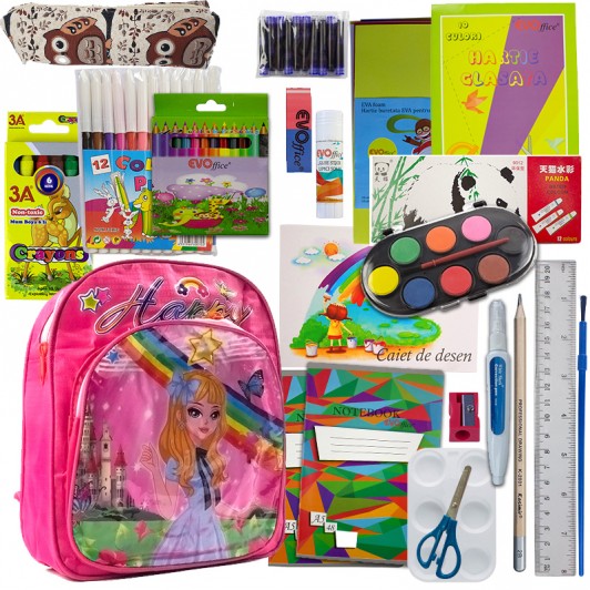 Ghiozdan complet echipat pentru gradinita, model fete, 87 piese