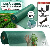 Plasa verde opaca 2 m x 50 m lungime, umbrire si opacitate 40%, GRATUIT 10 clipsuri + 100 coliere