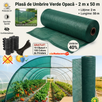 Plasa verde opaca 2 m x 50 m lungime, umbrire si opacitate 40%, GRATUIT 10 clipsuri + 100 coliere