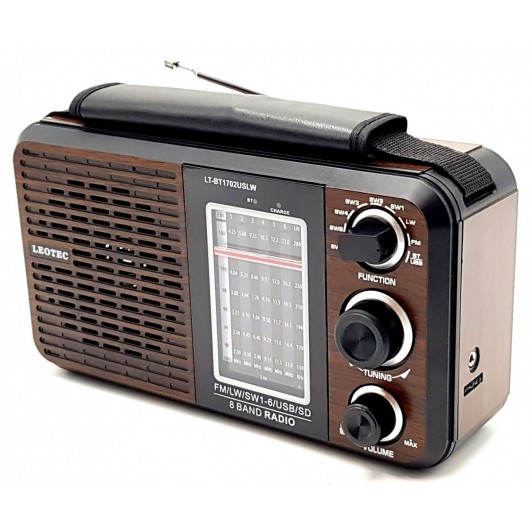 Radio cu Bluetooth,Mp3 ,8 benzi FM, LW ,SW1-SW6,alimentare 220v si baterii,Leotec 1702 unde lungi