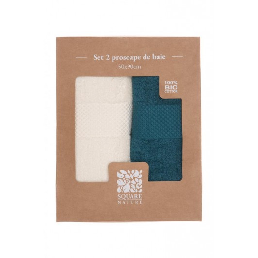 Set 2 prosoape baie Square Nature, 50x90 cm, bumbac organic, crem si albastru-petrol