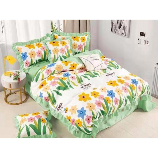 Lenjerie pat dublu, Bumbac Finet, 6 piese, Volanase, Flori Alb/Verde LJR-162 Lenjerie pat dublu, Bumbac Finet, 6 piese, Volanase, Flori Alb/Verde LJR-162