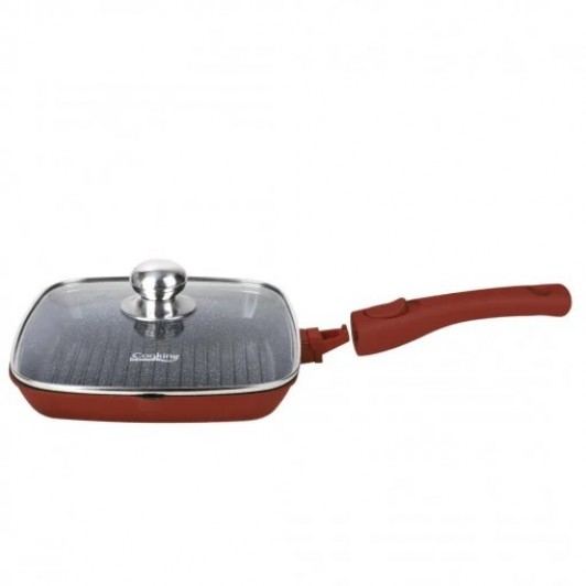 Tigaie grill cu capac, aluminiu turnat, acoperire ceramica, maner detasabil, 28x4 cm, Multicolor