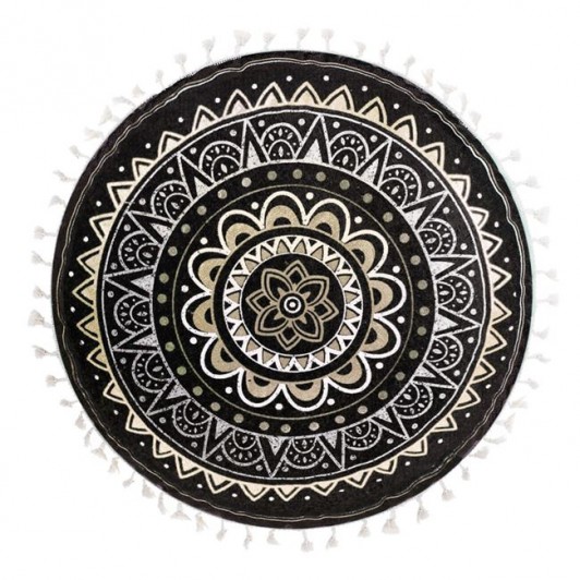 Perna Decorativa de Vara Neagra Folie Aurie Mandala Franjuri Bej Ø40cm