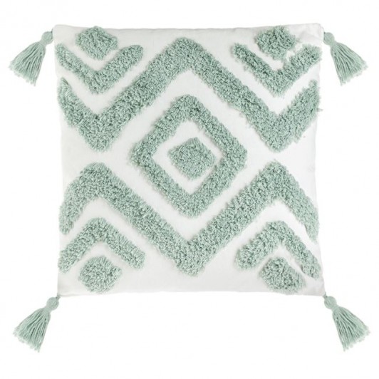 Perna de Vara Bej cu Model Geometric Verde Menta & Franjuri 43x43cm