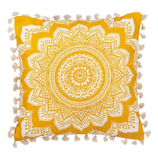 Perna de Vara din Bumbac Galben Mustar Alb Mandala Franjuri 45x45cm