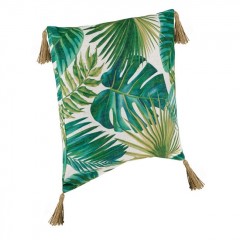 Perna Decorativa de Vara Alba Frunze Verzi Tropicale Ciucuri Bej 50x50cm