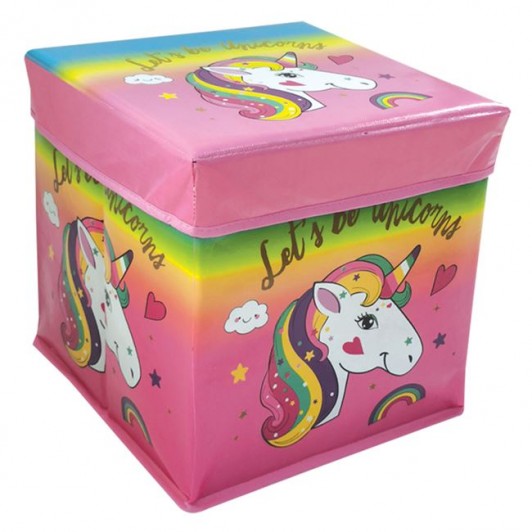 Taburet cu Spatiu de Depozitare Textil Roz Unicorn 30x30x30cm - 24L