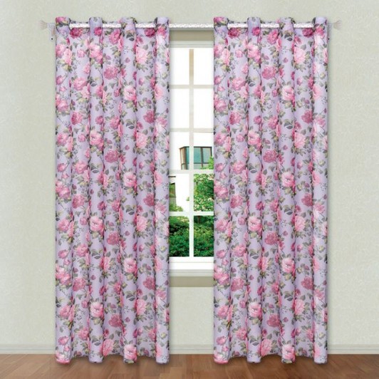 Perdea Decorativa cu Inele Mov Lila Floral 140x260cm, 1 buc