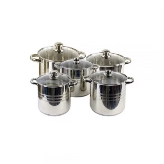 Set inox, 10 piese, Cratite cu capac de sticla, 2.3/3.2/4.2/5.4/6.9L