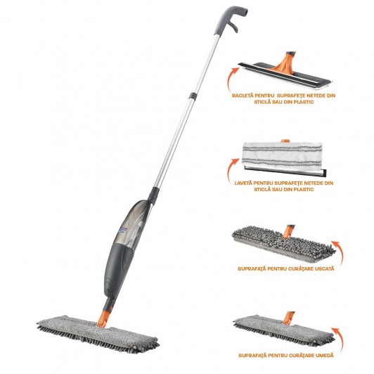 Mop spray multifunctional Mega Clean, rezerva microfibra, racleta lamela cauciuc, suport servetele