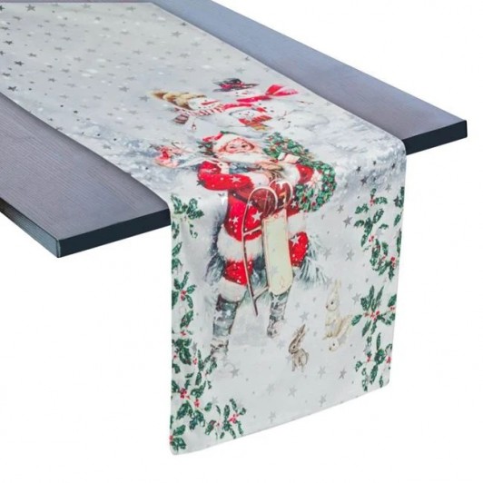 Napron Decorativ de Craciun Gri Velour Mos Craciun Stele Argintii din Folie 160x33cm