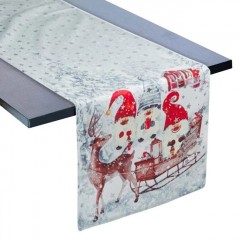 Napron Decorativ de sarbatori Gri Velour Gnome Sanie Stele Argintii din Folie 160x33cm