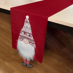 Napron Decorativ de sarbatori Rosu cu Gnome 3D Jaquard Pompon 160x35cm