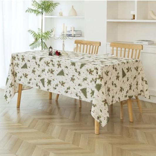 Fata de Masa Decorativa de Craciun Bej Aurii cu Brazi Ramuri Conuri Berries 180x140cm