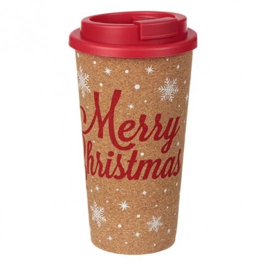 Pahar din Plastic cu Pluta cu Capac Rosu Merry Christmas, capacitate 500 ml