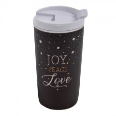 Pahar de sarbatori New Bone cu Pereti Duble Gri Folie Aurie Joy Peace Love  Capac 355ml