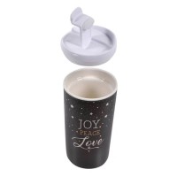 Pahar de Craciun New Bone cu Pereti Duble Gri Folie Aurie Joy Peace Love  Capac 355ml