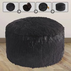 Puf Gonflabil Decorativ din Imitatie de Blana Neagra Shaggy Ø38x20cm