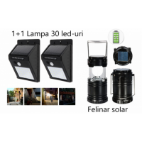 Pachet iluminat: Set 2 lampi solare + Felinar Led Panou Solar si functie de Baterie externa