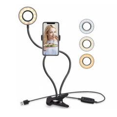 Suport selfie flexibil pentru telefon, lumini LED si clama de prindere, 3 moduri de iluminare