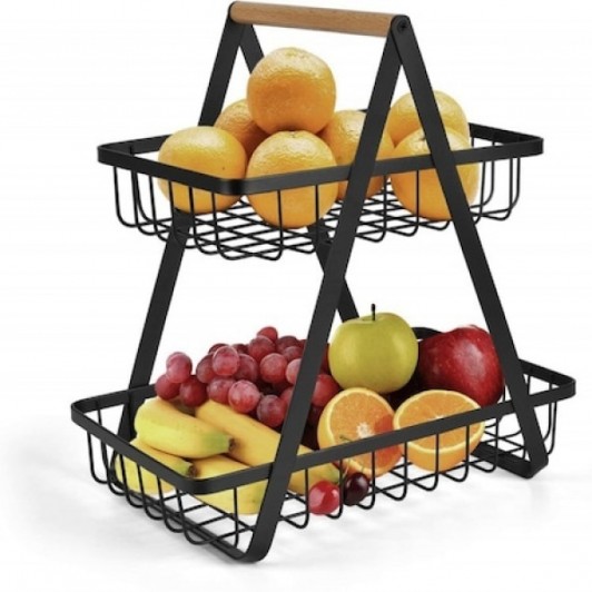Cos de fructe decorativ, metal, 2 etaje, negru