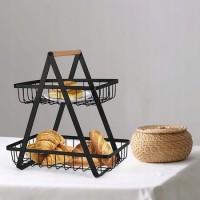 Cos de fructe decorativ, metal, 2 etaje, negru