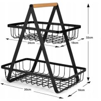 Cos de fructe decorativ, metal, 2 etaje, negru