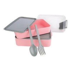 Caserola dubla pentru alimente cu lingura si furculita, roz cu gri