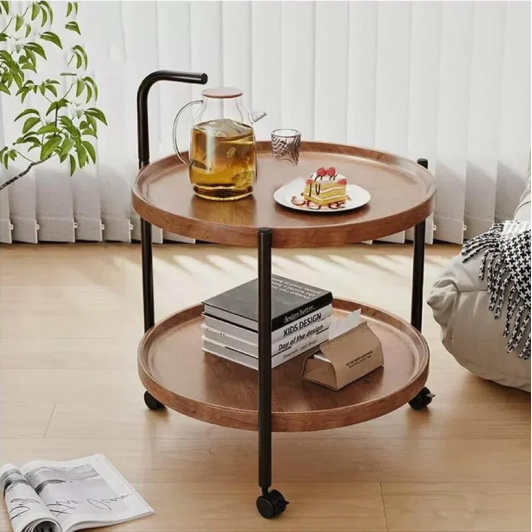 Masa rotunda de cafea pentru living, 2 rafturi, cu roti, design nordic 40 x 40 x 65cm