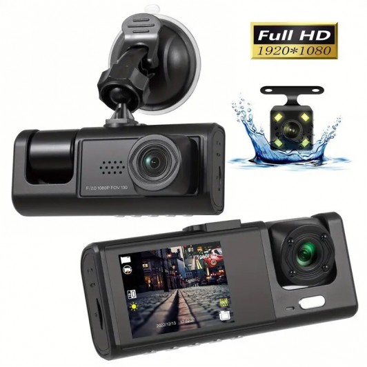 Camera auto tripla FullHD, 3 camere-fata/spate/interior, ecran 2'', G Senzor