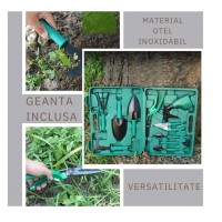 Set 10 accesorii pentru gradinarit, geanta depozitare inclusa, otel inoxidabil, 37 x 28 cm, verde