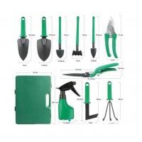Set 10 accesorii pentru gradinarit, geanta depozitare inclusa, otel inoxidabil, 37 x 28 cm, verde