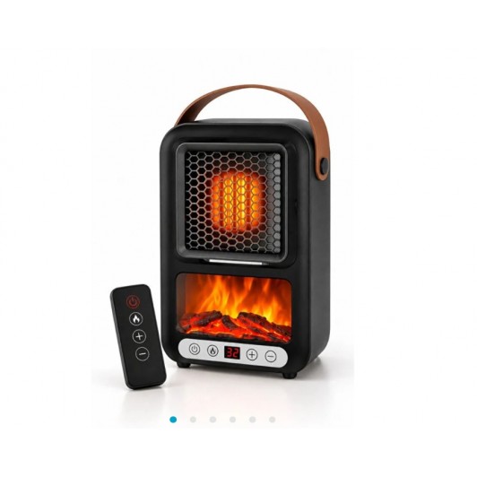 Mini Aerotermă 800W cu Telecomandă, Efect de Șemineu, Afisaj LED, Temporizator și Termostat