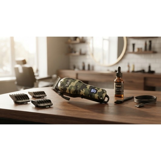 Mașină de tuns profesională Yoko YK-810, Camuflaj Militar, Motor Puternic, LED, Autonomie Extinsă