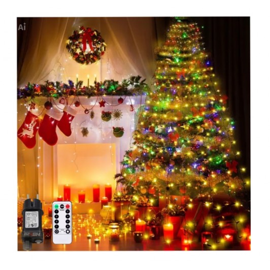 Instalație pentru brad – Tip perdea/cascadă, 2m, 400 LED-uri, 16 coloane,telecomandă, diverse culori