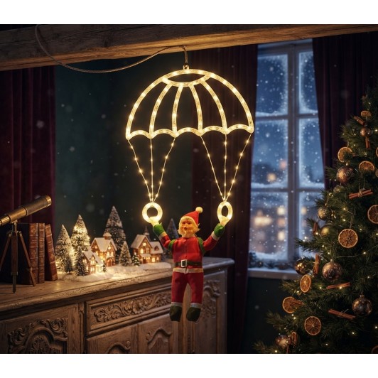 Decorațiune luminoasă LED – Moș Crăciun cu parașută, 40x80 cm, alimentare la priză