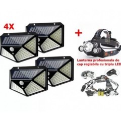 Set 4 x Lampa 100 LED cu panou solar,senzor de miscare + CADOU Lanterna profesionala de cap reglabil