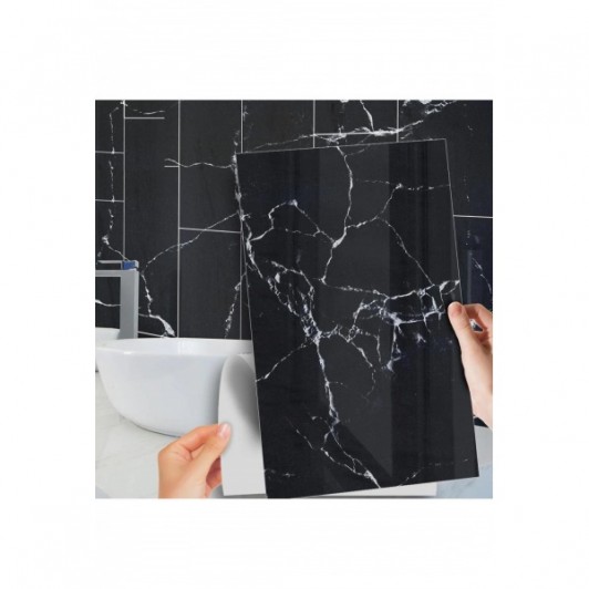 Set 10 x Placa autoadeziva pentru pardoseala sau perete tip marmura neagra, impermeabila, 30x60 cm