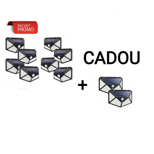 Pachet 8+2 CADOU Lampa 100 LED cu panou solar, senzor de miscare