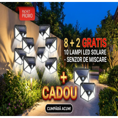 Pachet 8+2 CADOU Lampa 100 LED cu panou solar, senzor de miscare
