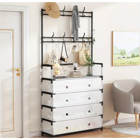 Cuier cu raft pantofi pe 4 niveluri si 8 carlige duble, suport haine si incaltaminte pentru hol