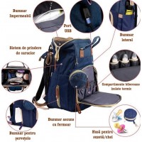 Geanta/rucsac,cu port USB si 14 compartimente, textil, 40 x 30 x 14 cm, multicolor