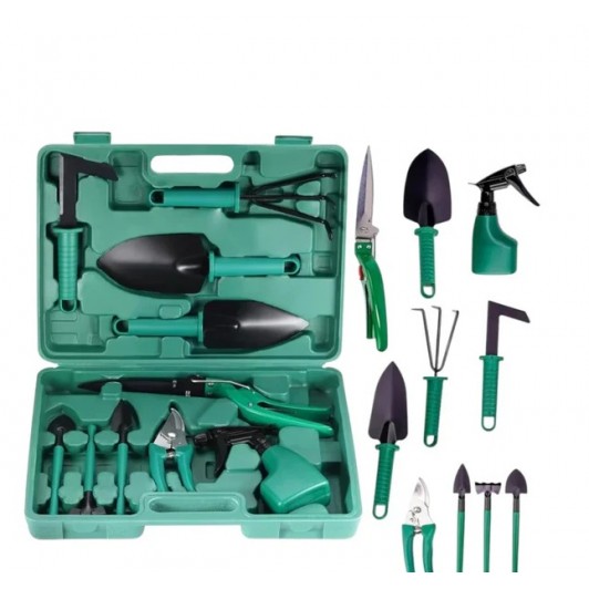 Set 10 accesorii pentru gradinarit, geanta depozitare inclusa, otel inoxidabil, 37 x 28 cm, verde