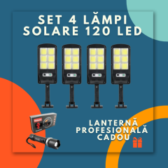 Set 4 X Proiector solar 6 celule, 30W, 120 LED, cu senzor de miscare + Lanterna multifuntionala Swat